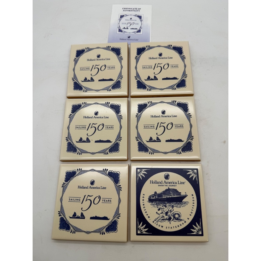 Holland America Line 150 Years Anniversary Royal Ceramic Coasters‎ 6pc Delftware